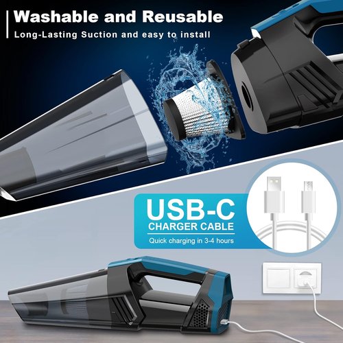 Blestan Cordless Car Vacuum - Lightweight High-Power Handheld Cleaner with LED Light | Ideal for Home, Office & Pet Hair, Black/Blue