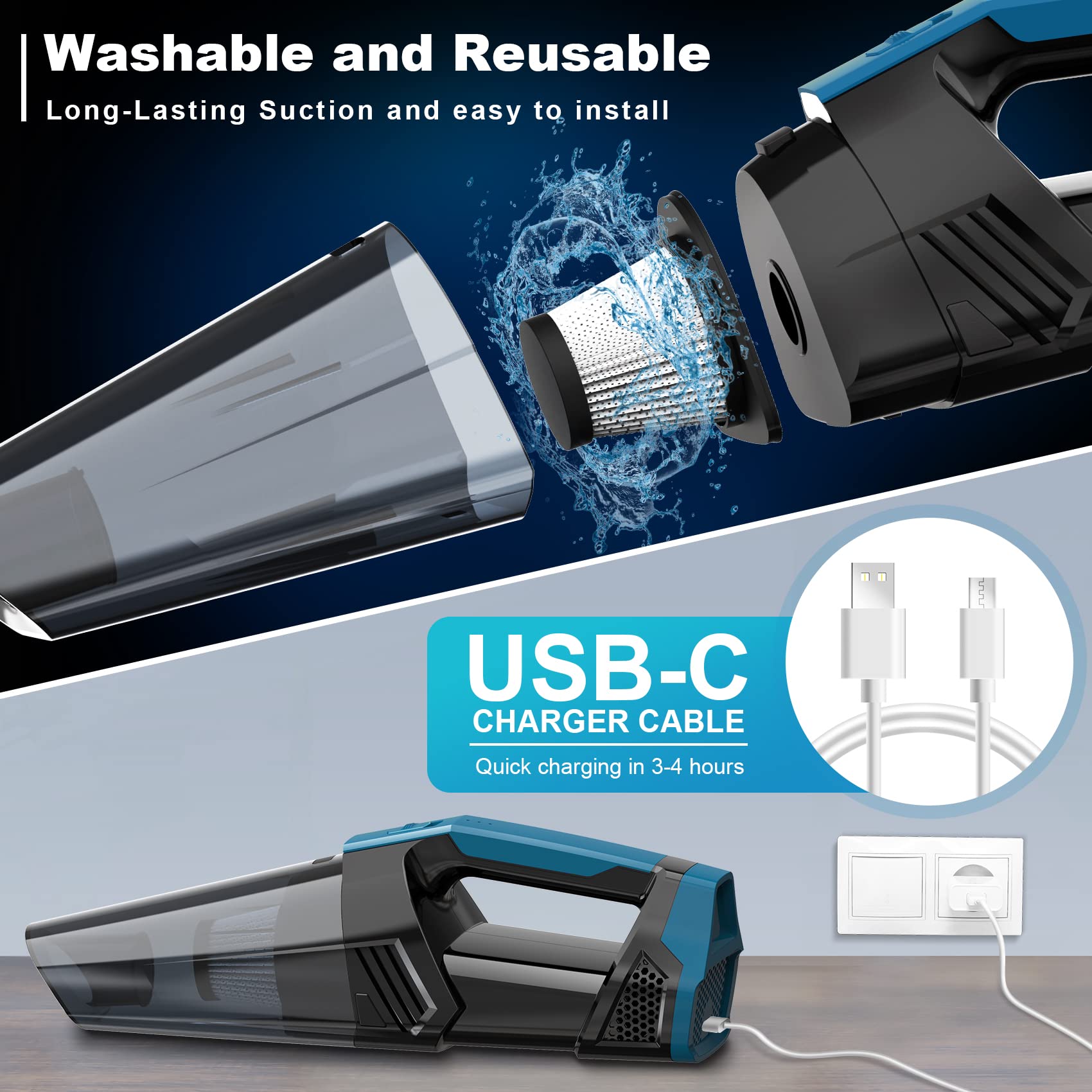 Blestan Cordless Car Vacuum Lightweight High Power Handheld Vacuum Cleaner with LED Light, Hand Vacuum for Car Home Office and Pet Hair, BlackBlue