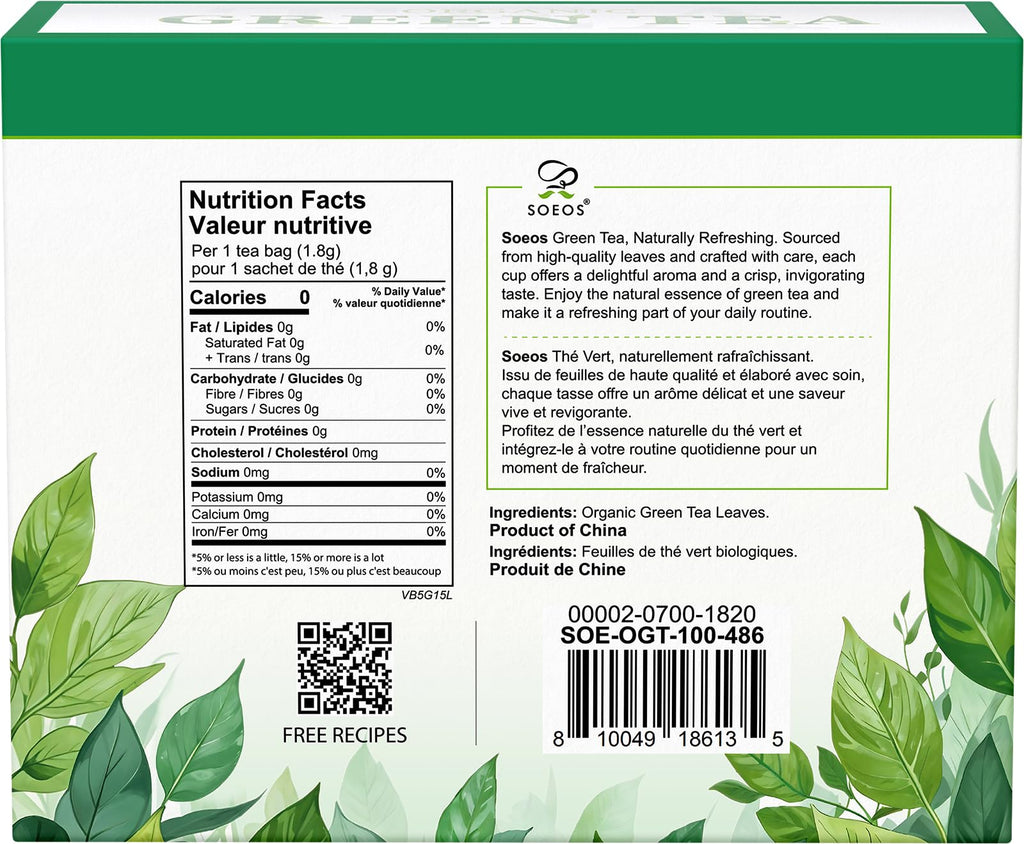 Soeos Organic Green Tea, 100 Tea Bags (Pack of 1), Caffeinated, Low Caffeine, Fresh and Healthy Green Tea, 6.3 Ounce
