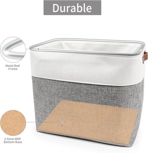 Bagnizer Large Fabric Storage Baskets - 50L Decorative Linen Bins with Handles for Organizing | Grey & White, 17x12x15 Inches