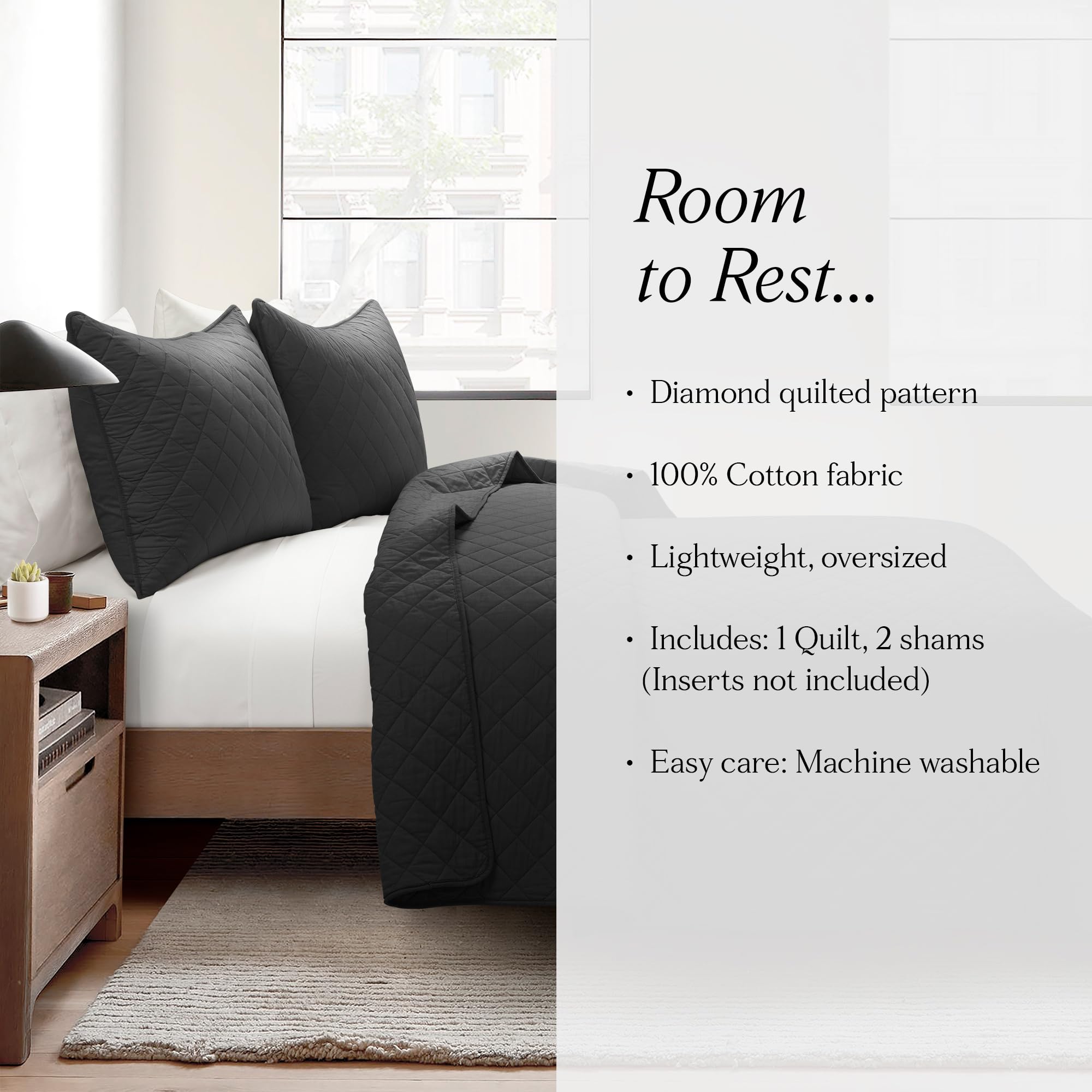 Lush Decor Ava Diamond Oversized Cotton Quilt Set, 3 Piece Set, Full/Queen, Black - Soft & Cozy Quilted Bedding Set - Queen Quilt - Black Bedspread - Traditional, Farmhouse & Minimalist Bedroom Decor