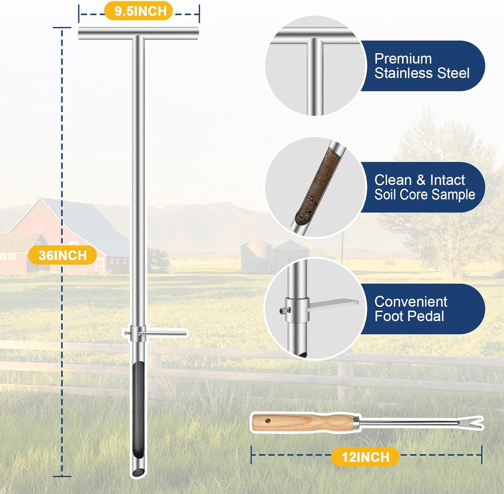 Skiennix 36-Inch Soil Sampler Probe - Heavy-Duty Stainless Steel Tool with T-Handle for Lawn & Garden Testing