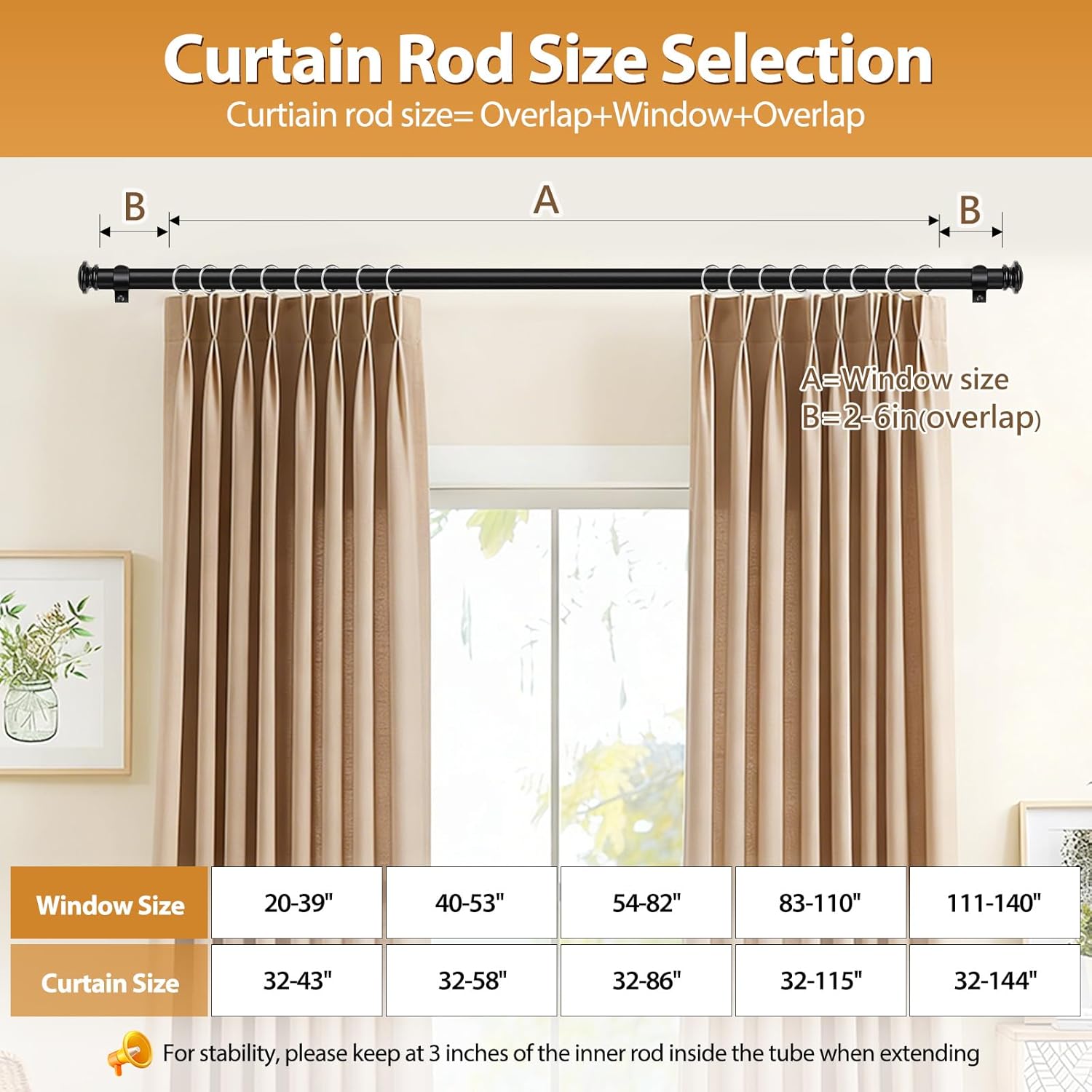 TONIAL Curtain Rod - Telescoping 3/4" Drapery Rod for Windows 20-53 Inch | Black Finish, Decorative Design