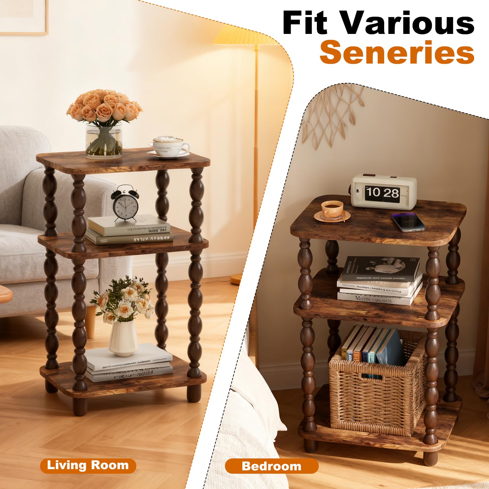 Retro End Table, 3-Tier Small Side Table, Narrow Couch Side Table for Small Spaces, Farmhouse End Table, Modern Accent Table, Skinny Bedside Table Nightstand for Bedroom, Living Room (Rustic Brown)