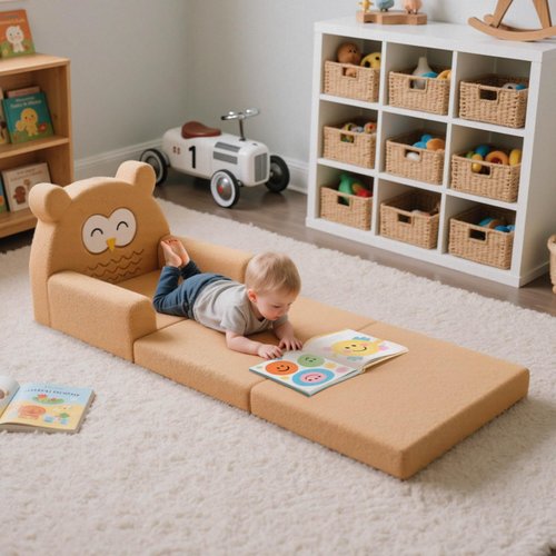 Tivellary Toddler Couch, 3-Fold Convertible Kids Couch with Cute Owl Design, Fold Out Toddler Chair for 1-3 Years Old, Soft Baby Sofa Bed for Playroom, Washable Cover