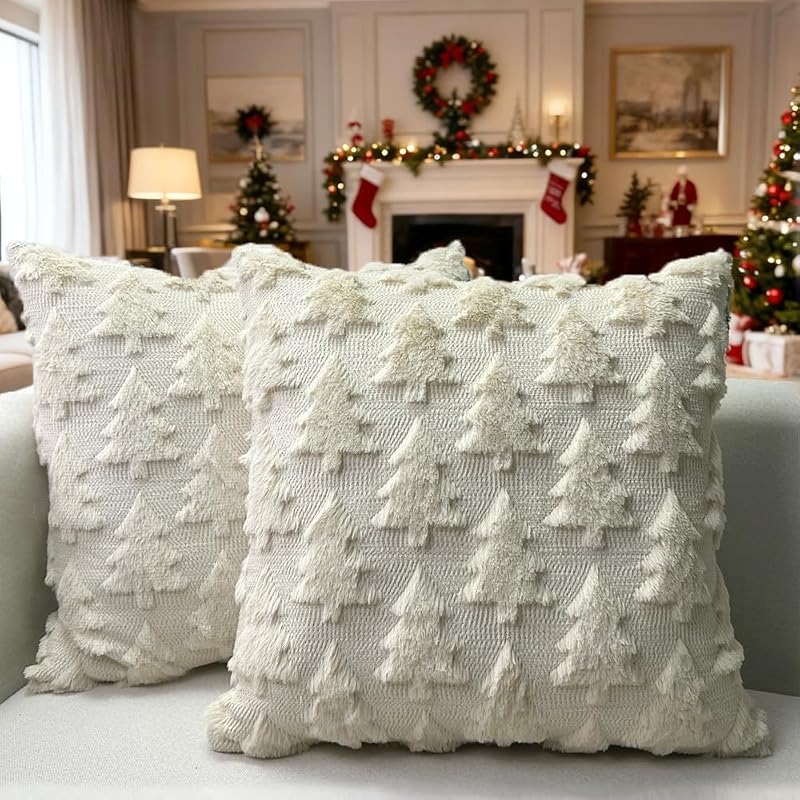Booque Valley 2 Pack Beige Christmas Tree Pillow Covers 20x20 inches - Fuzzy Wool Embroidered 3D Pine Tree