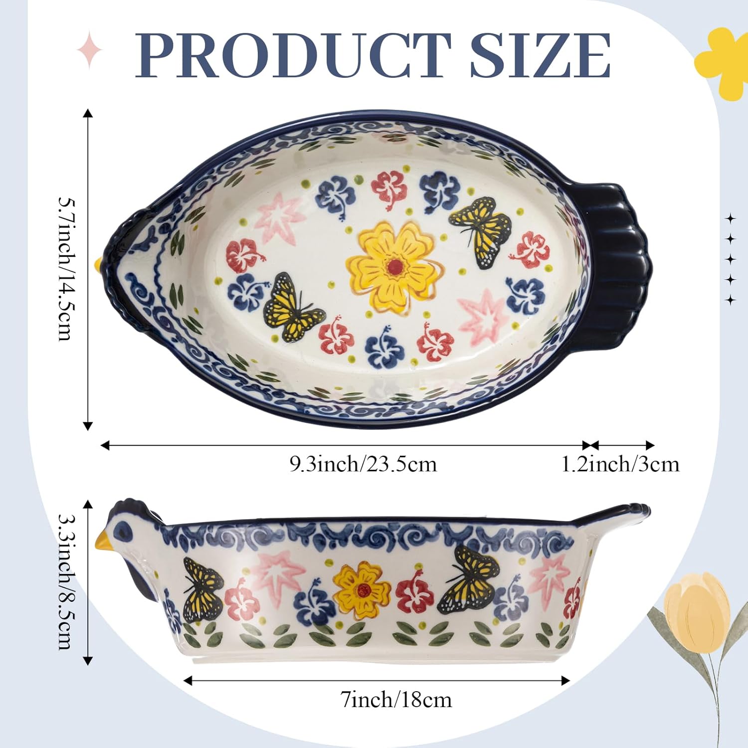 Uiifan 27 Oz Ceramic Casserole Dish - Vintage Chicken Shape Bakeware with Butterfly & Flower Design