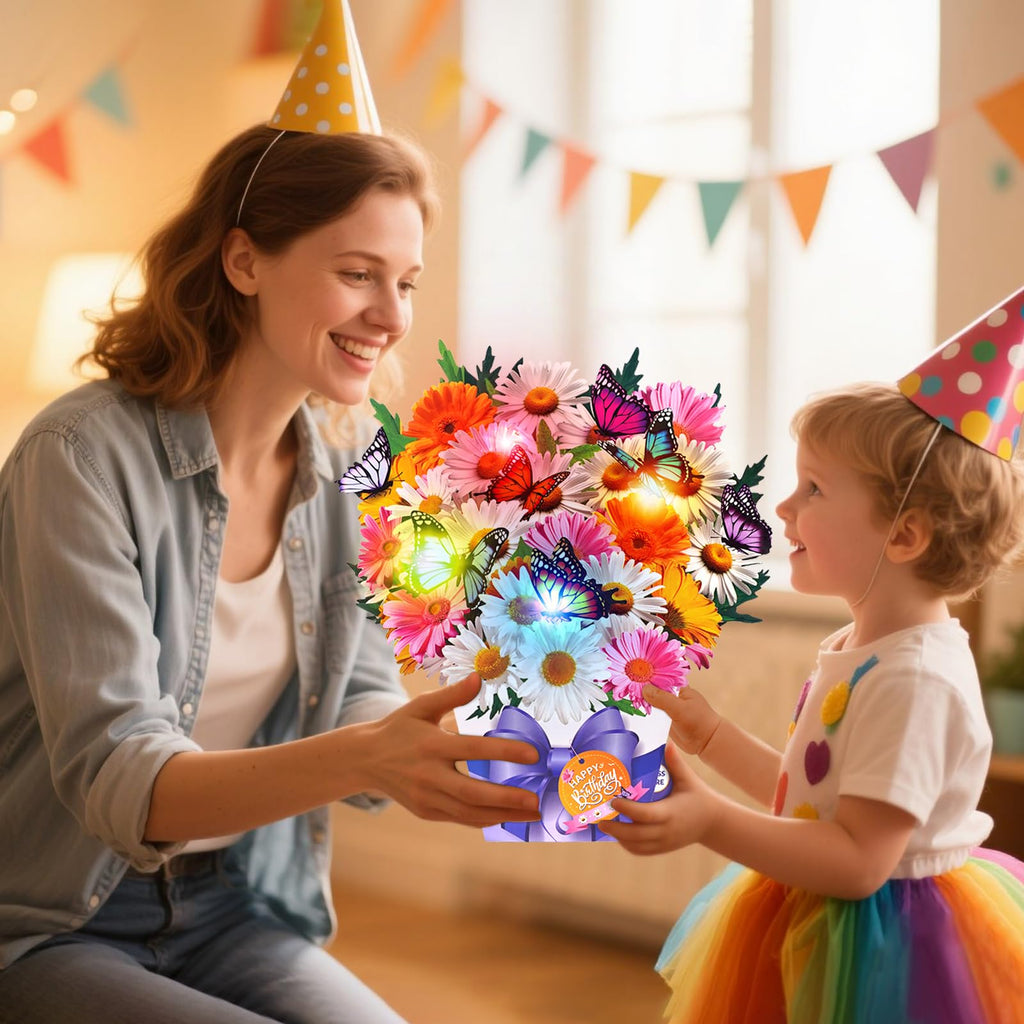 APOTODITO Birthday Cards, Butterfly & Daisy Birthday Card with Music and Light, Flower Bouquet 3D Card for Women Mom Wife