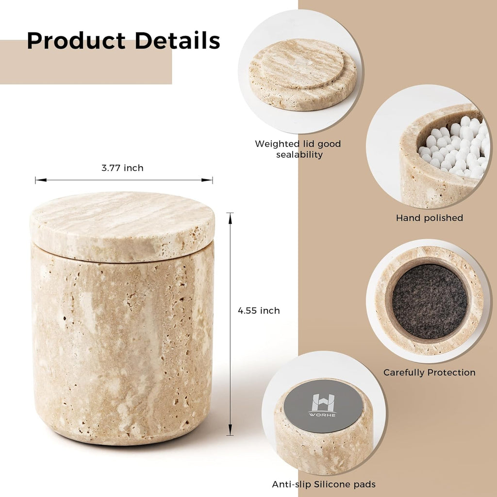 WORHE Travertine Qtip Holder Dispenser - Large Capacity Marble Jar for Bathroom Essentials | Beige