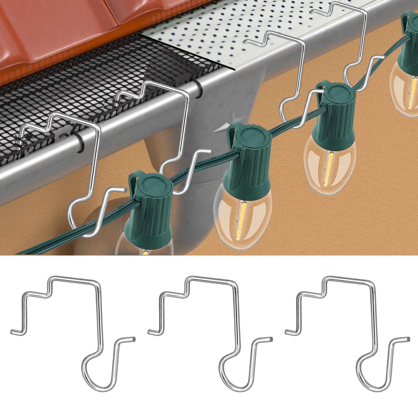 Tryly 50PCS Gutter Clips for Hanging Outdoor Lights, Gutter Guards Christmas Light Hooks Clips, Stainless Steel Gutter Hooks for Outdoor Halloween Christmas Lights (50)