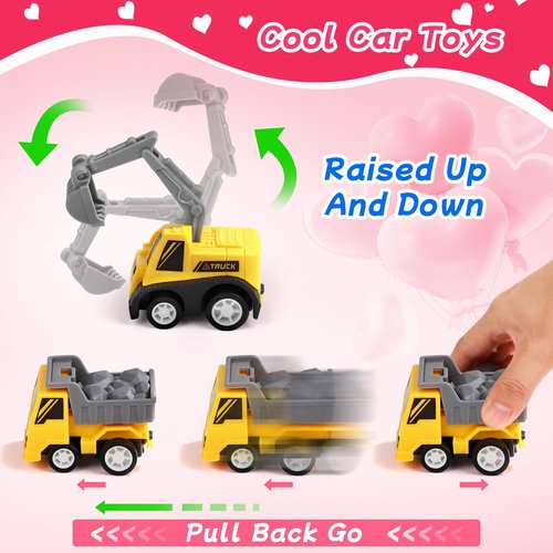 Tymokcall 24 Pcs Valentine’s Day Mini Construction Vehicles Bulk with Cards for Baby Toddlers Kids Pull Back Engineering Truck Party Favors School Gifts Exchange Classroom Prizes for Boys and Girls
