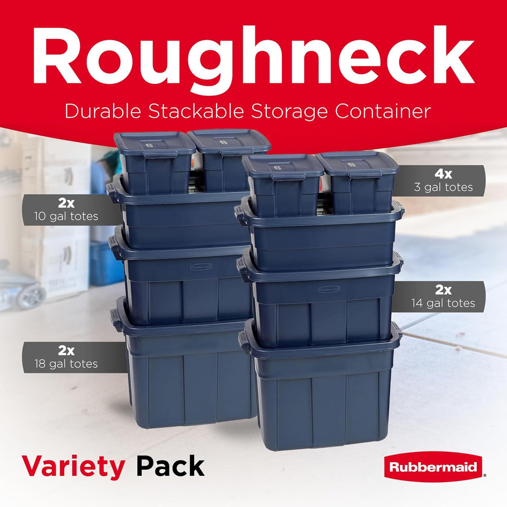 Rubbermaid Roughneck Tote - Durable Dark Indigo Metallic Storage Bins with Lids & Handles | Pack of 10