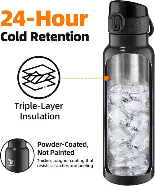 Fanhaw Daylite Series 24 oz Insulated Stainless Steel Water Bottle - Leakproof Double-Wall Design | Glossy Black