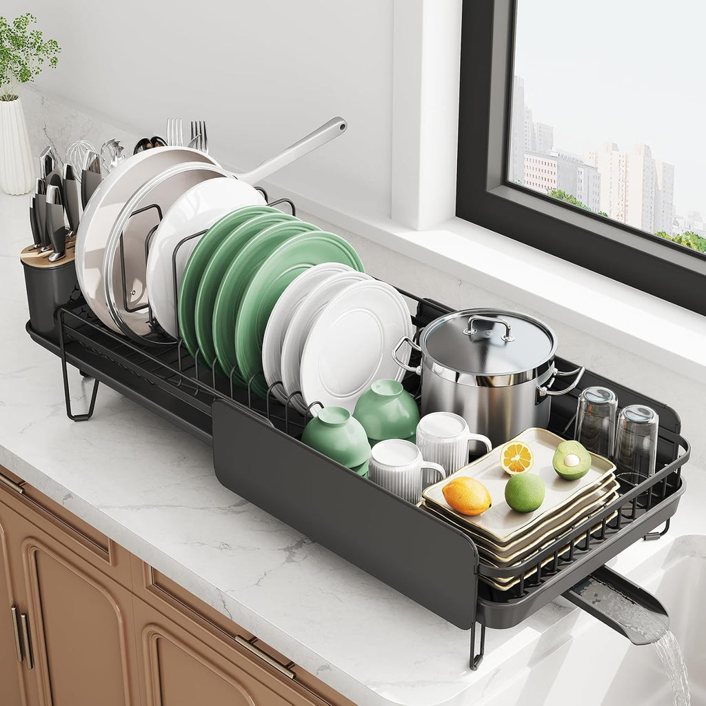 SNTD Large Dish Drying Rack - Expandable Stainless Steel Kitchen Dish Drainer | 19.3" to 29.4" with Utensil Holder & Pan Lid Holder (Black)