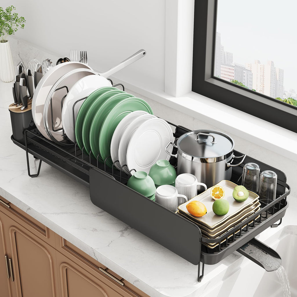 SNTD Large Dish Drying Rack - Expandable (19.3" to 29.4") Dish Rack for Kitchen Counter, Stainless Steel Dish Drainer with Utensil Holder, Pan Holder & Pot Lid Holder (Black)