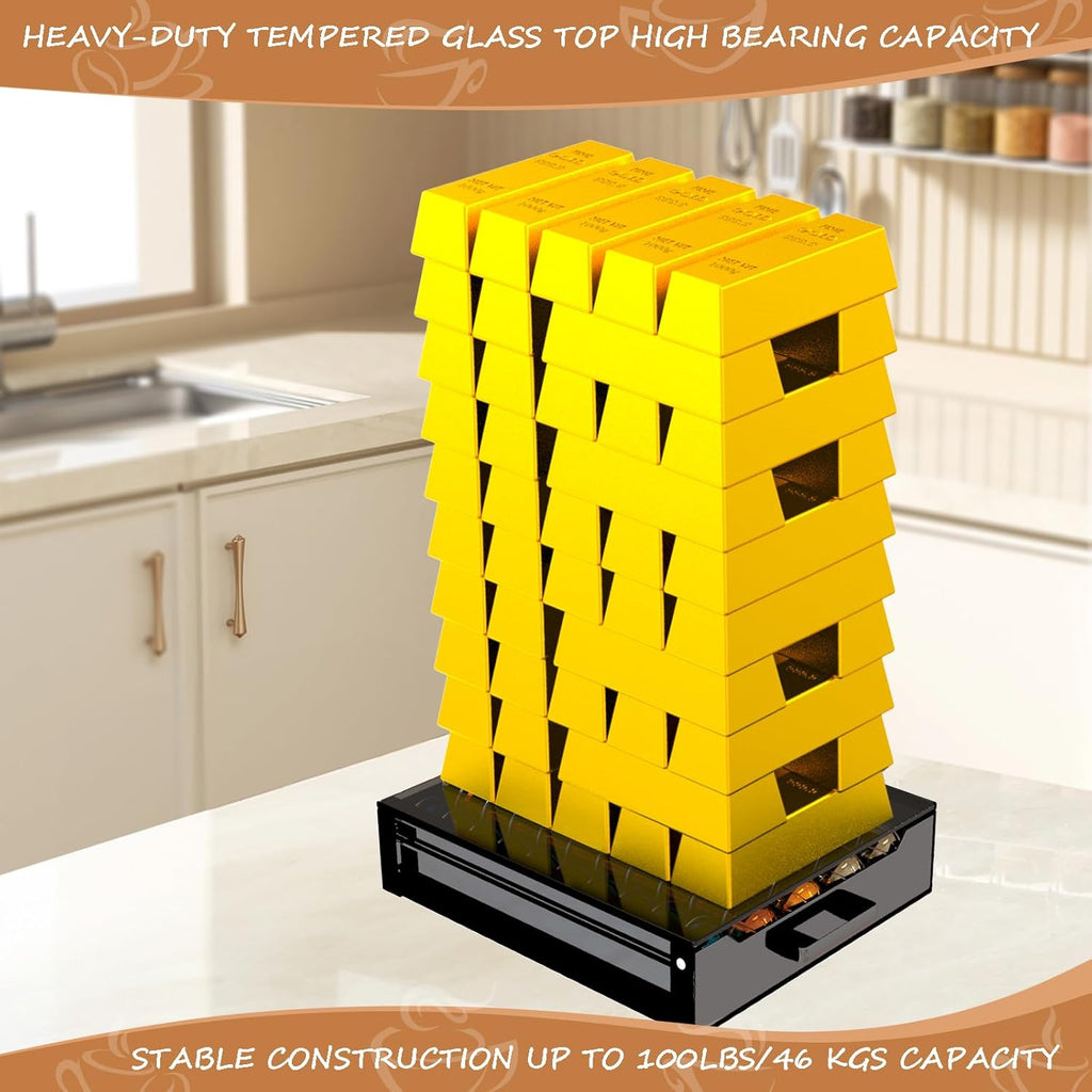 Nespresso Vertuo Pod Holder - Deluxe Black Tempered Glass Top | Holds Up to 75 Small or 50 Big Pods