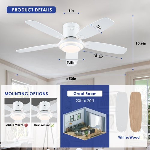Hounberi Low Profile Ceiling Fan with Lights and Remote/APP, 50 Inch Modern Flush Mount Ceiling Fan with 3CCT 6-Speeds Quiet DC Motor,Dimmable 3-Color Temperatures for Living Room Bedroom(White)