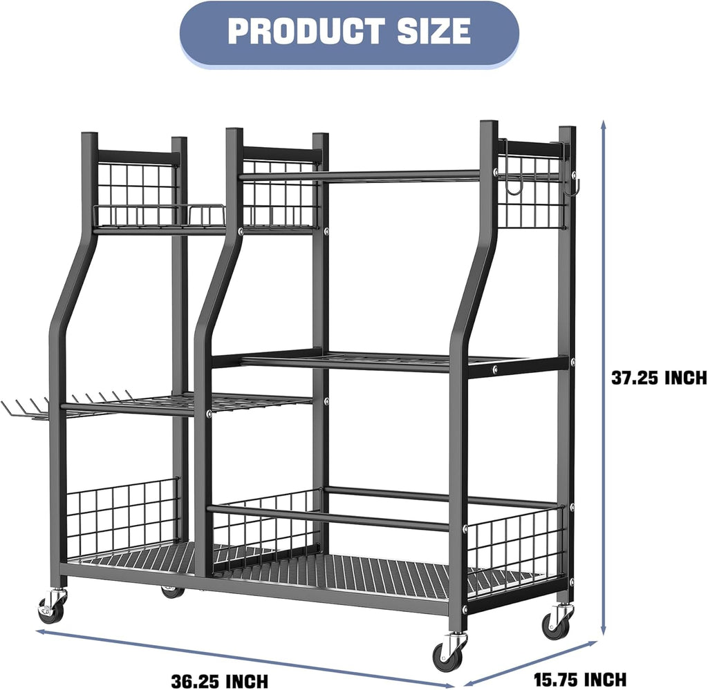 WALMANN Garden Tool Organizer - Rolling Cart with Large Storage for Rakes, Shovels & Yard Tools