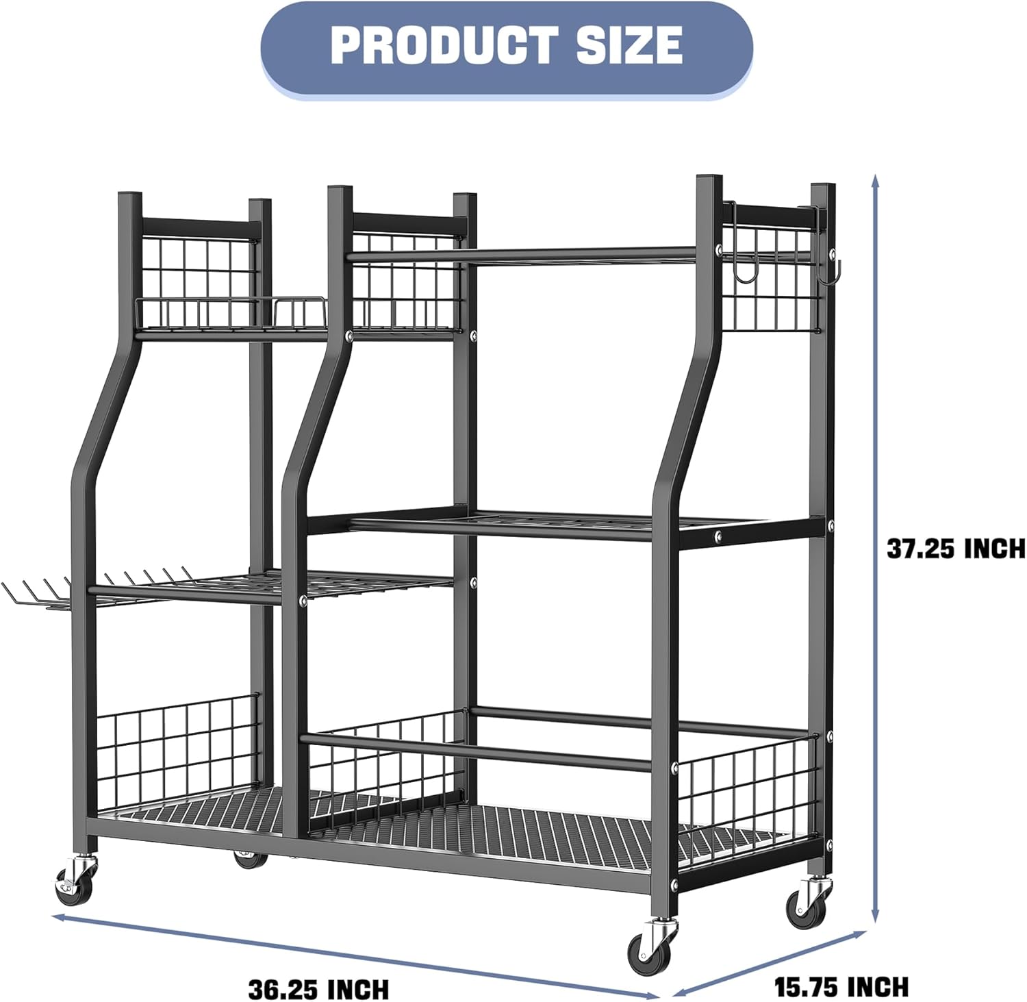WALMANN Garden Tool Organizer - Rolling Cart with Large Storage for Rakes, Shovels & Yard Tools