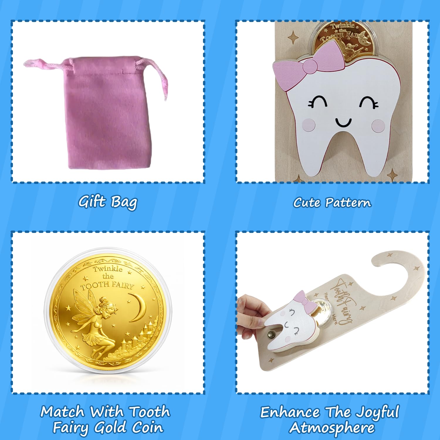 PAMBO Tooth Fairy Door Hanger, Wooden Tooth Fairy Money Holder with Tooth Coins for Lost Tooth Kids Gifts (Pink)