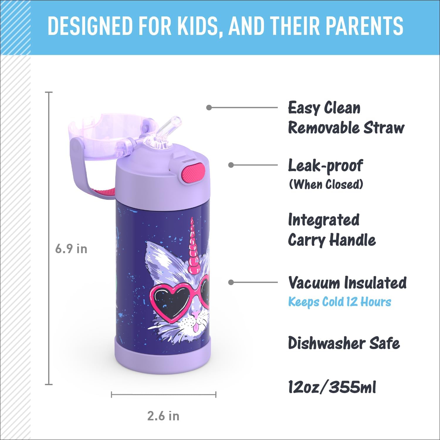 THERMOS FUNTAINER Water Bottle - 12 Ounce Kids Stainless Steel Insulated Bottle with Straw | Cool Caticorns