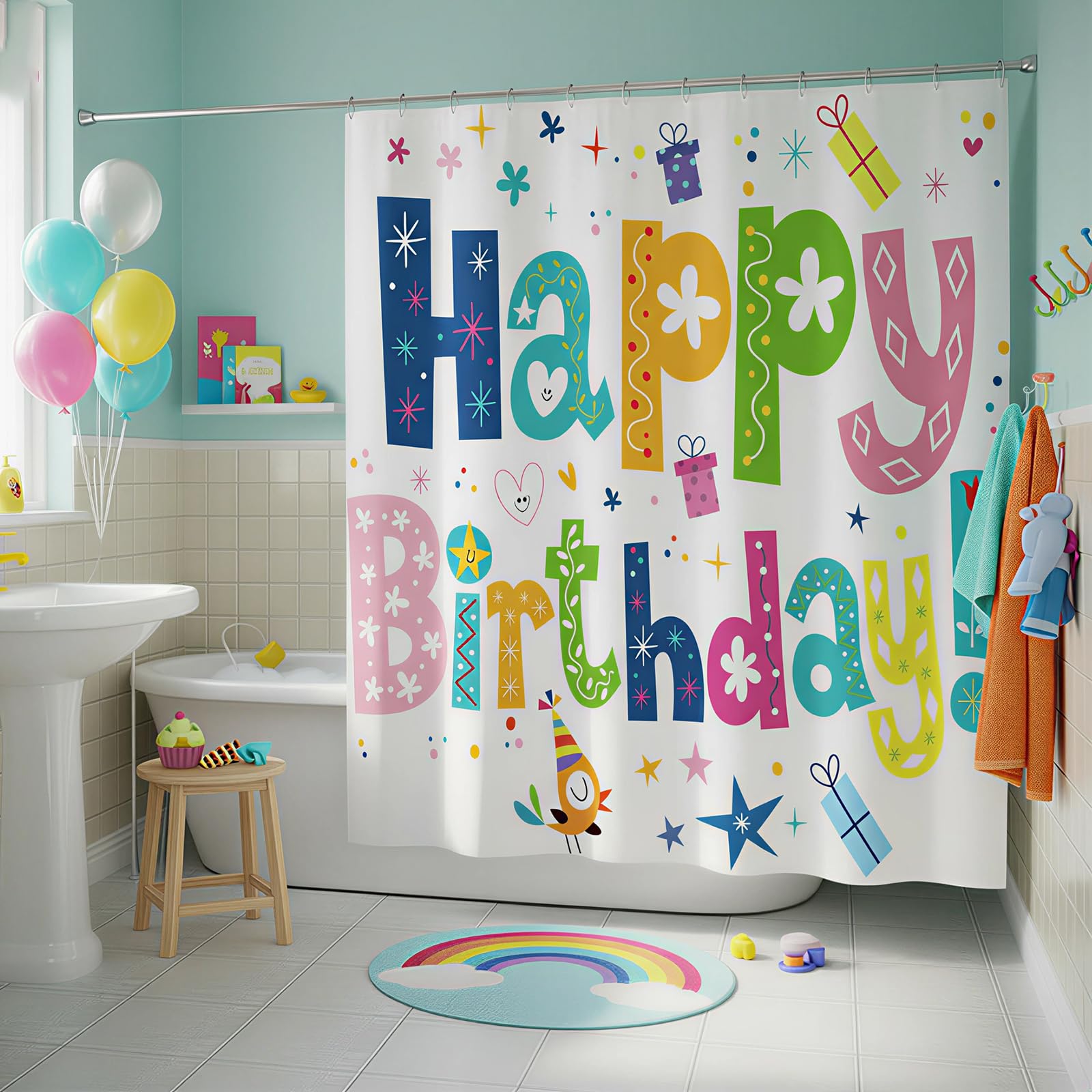 ZCHOMI Happy Birthday Shower Curtain Kids Birthday Party Rainbow Shower Curtains for Bathroom Waterproof Polyester Fabric Bathroom Curtain 72 x 72 Inch with 12 Plastic Hooks