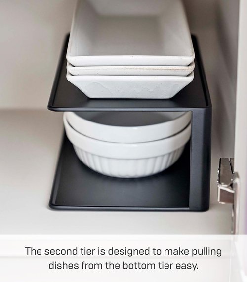 Yamazaki Home Tower Dish Storage Rack with Two Tiers, for Kitchen Cabinet Or Countertop Dinnerware Dinner Plate Cabinet Organizer, Long Metal Holder - Steel