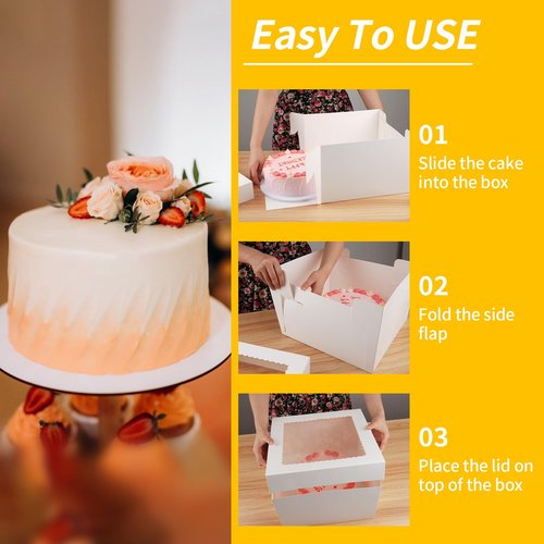 WINKIO 4 Pack Cake Boxes 12 Inch, Disposable Cake Transport Container, Cake Carrier, White Cake Holder with Large Window, for Bakery Cookies Pies Cupcakes Pastry (12×12×6 Inches)