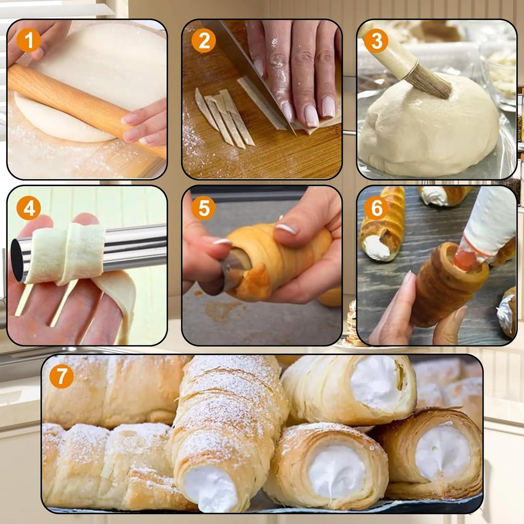 Skiennix Cream Horn Molds - Stainless Steel Cannoli Tubes Kit with 20 Baking Cones & Brush