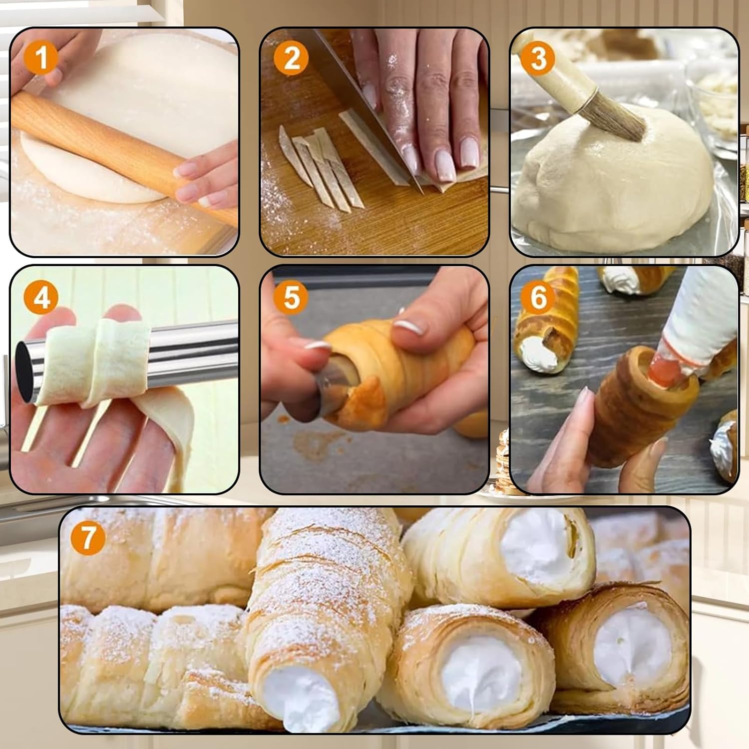 Skiennix Cream Horn Molds - Stainless Steel Cannoli Tubes Kit with 20 Baking Cones & Brush