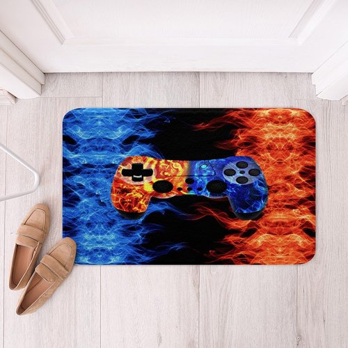 Erosebridal Flame Gaming Area Rug for Boys 16"X24",Teens Wolf Gamer Room Decor Bathroom Rugs Game Console Bath Mat,Kids Gamepad Video Games Fleece Fabric Bath Rugs,Blue Orange
