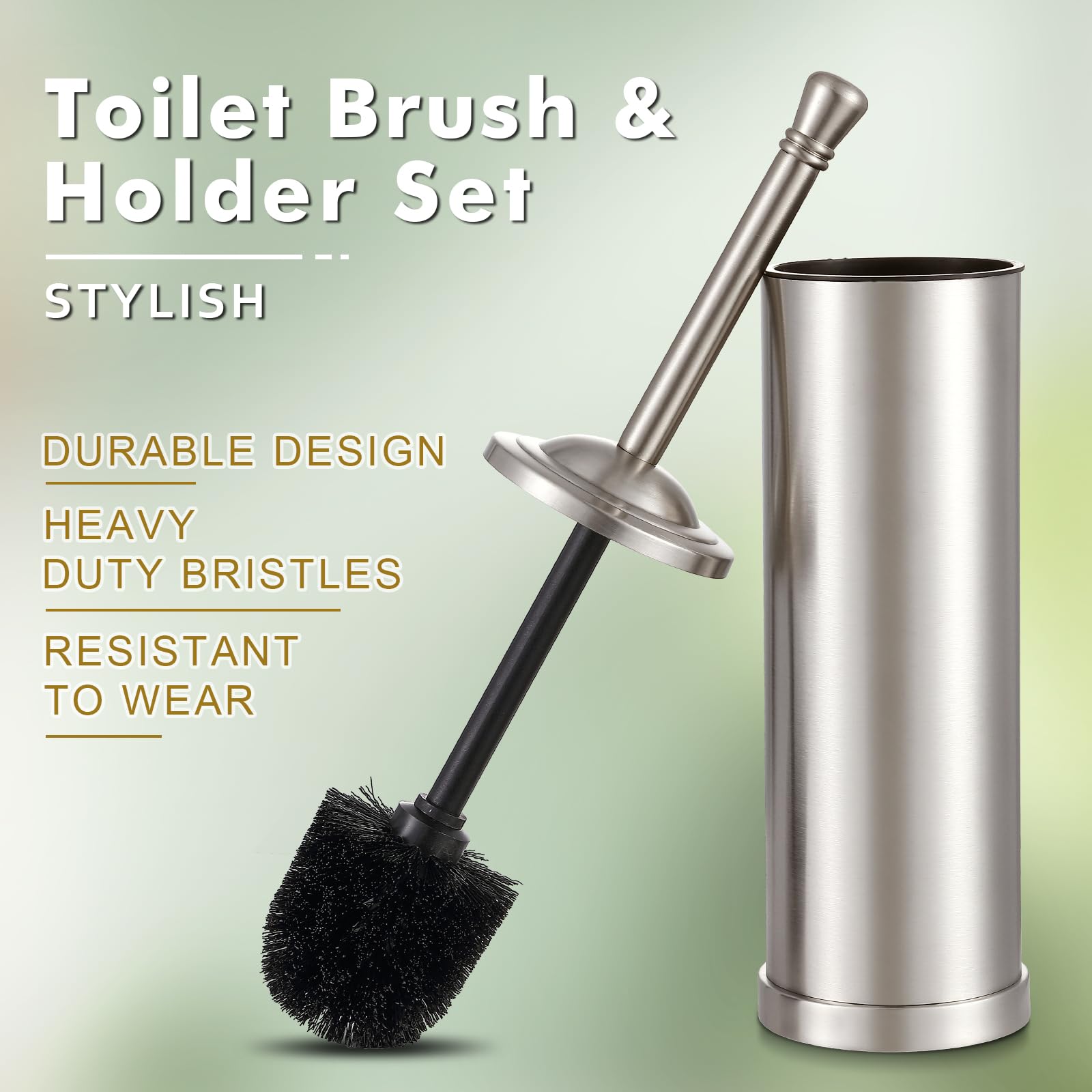 Brushed Nickel Toilet Brush and Holder Set,304 Stainless Steel Toilet Bowl Brush and Holder for Bathroom,Silver Heavy Duty Toilet Brush,Durable Scrubbing Bristles,Splash Resistant,Long Handle