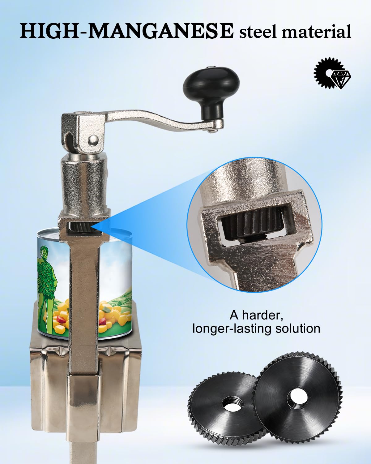 Commercial Can Opener Heavy Duty, Replace 11100#1 Can Opener, Opens Cans Up to 11in Tall (Including #10 Cans), with High Manganese Steel Bearing, Plated Steel Base & Stainless Steel Blade