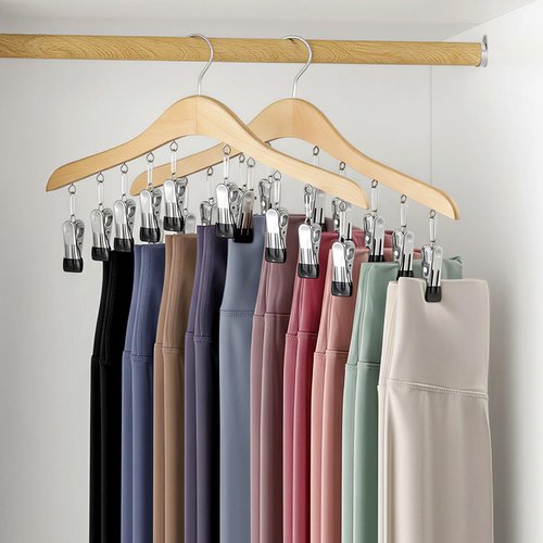 SNUVID Legging Organizer for Closet, Wooden Yoga Pants Hangers 2 Pack with 10 Clips Holds 20 Leggings, Space Saving Hanging Closet Organizer, Closet Organizers and Storage, Dorm Room Organization