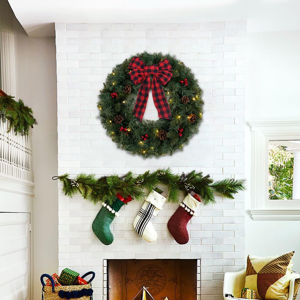 DEWBIN 24 Inch 2FT Christmas Wreath, 30 LED Lights Christmas Wreaths for Front Door with Bow Red Berries Pine Cones, Prelit Timer Home Decor, Xmas Wall Windows Decorations Indoor Outdoor