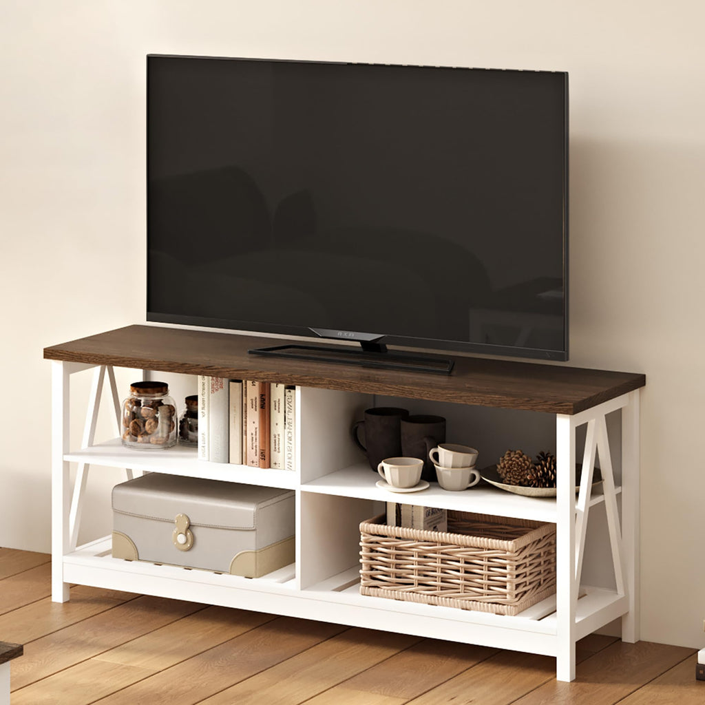 ChooChoo Farmhouse TV Stand for TVs up to 60 Inch, Modern Entertainment Center with 4 Open Shelves & Built-in Cable Holes, Media TV Console for Living Room, Bedroom, White