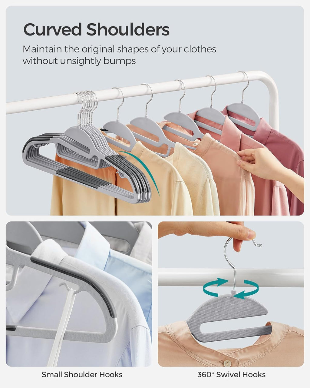 SONGMICS Heavy-Duty Plastic Coat Hangers - Space-Saving Design with 360º Swivel Hook | 50 Pack, Light & Dark Gray