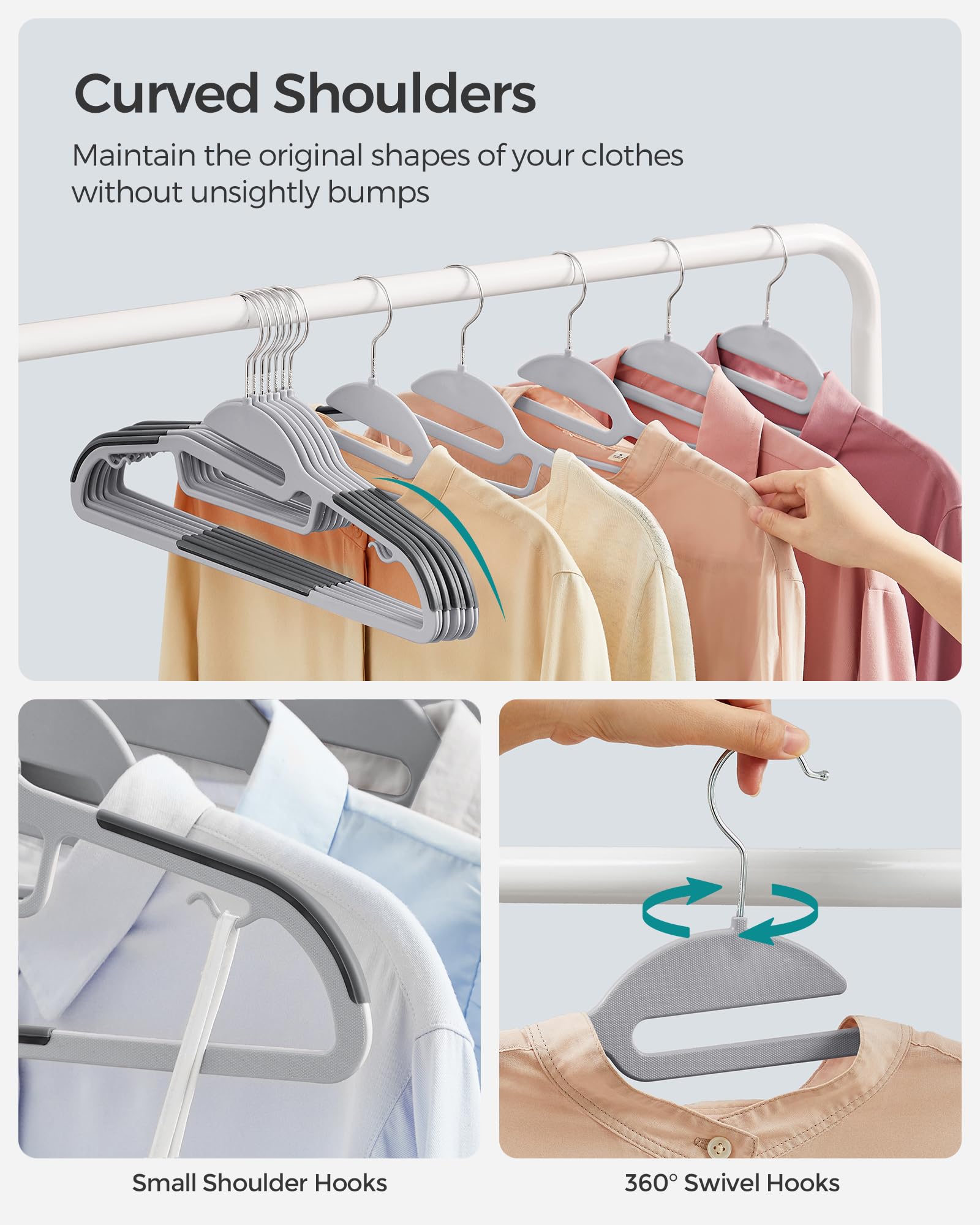 SONGMICS 50 Pack Coat Hangers, Heavy-Duty Plastic Suit Hangers, S-Shaped Opening, Space-Saving, 360º Swivel Hook, 16.3 Inches Wide, Light Gray and Dark Gray UCRP41G-50