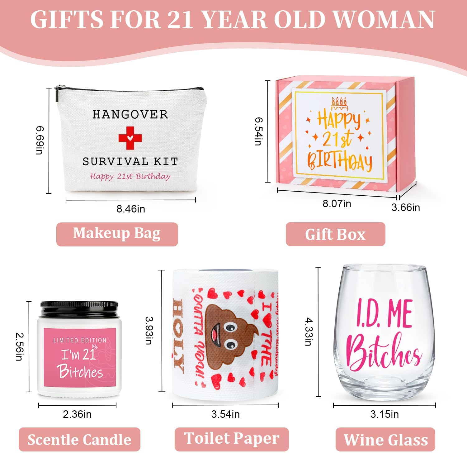 Skiennix 21st Birthday Gifts for Her | Unique & Funny 21-Year-Old Gifts - Wine Glass, Candle & Makeup Bag