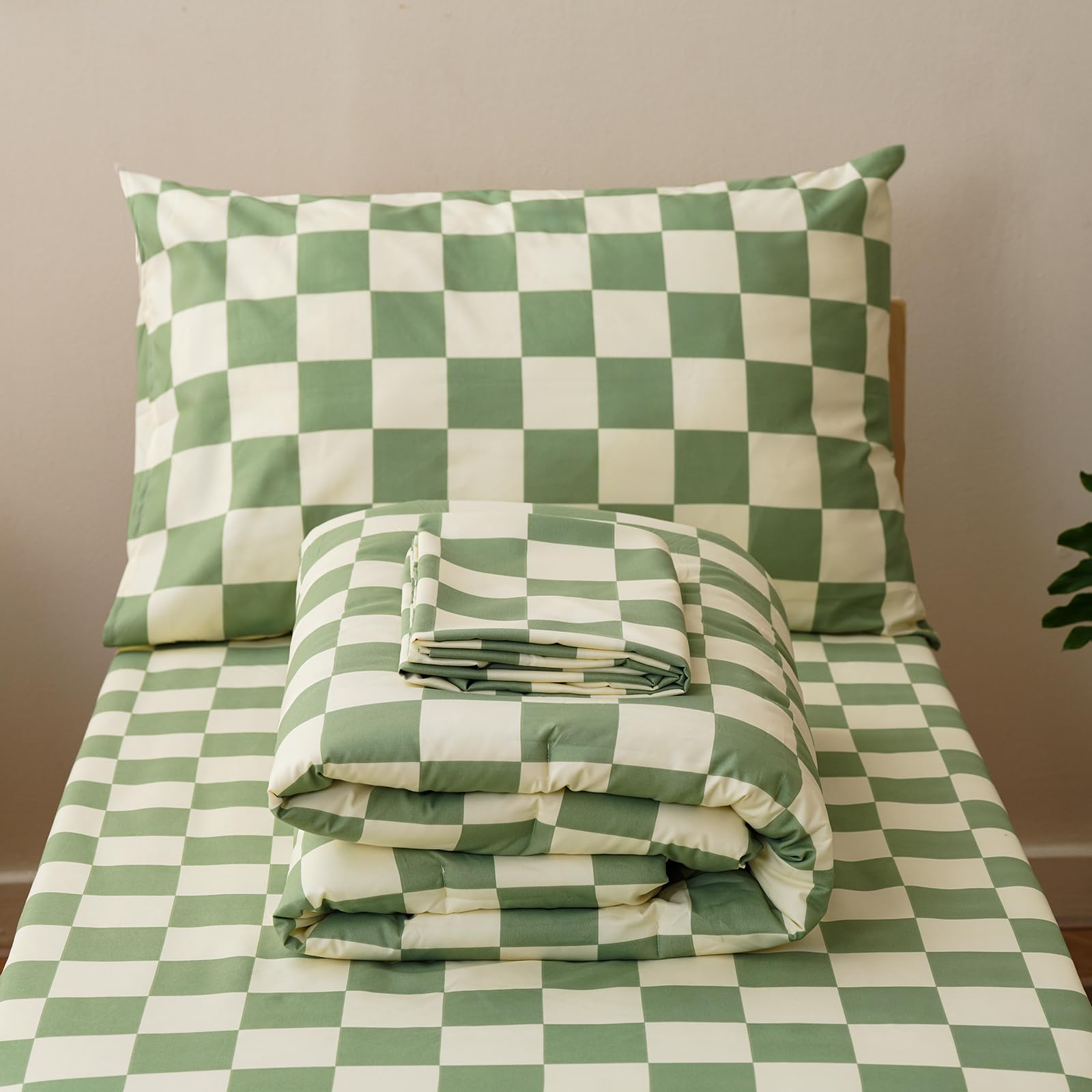 Wellboo Green White Plaid Toddler Bedding Sets for Girls Boys Sage and White Checkerboard Grid 4 Pieces Soft Crib Bed Set Including Comforter, Sheets and Pillowcase Kids Checkered Geometric Quilt