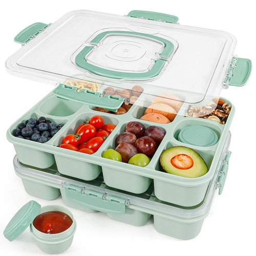 Caperci 2 Pack Snackle Box Container - Portable 10 Compartment Divided Snack Serving Tray with Lid & Handle, Built-in 4 Leak-Proof Sauce Containers, Dishwasher Safe, BPA-Free(Mint Green)