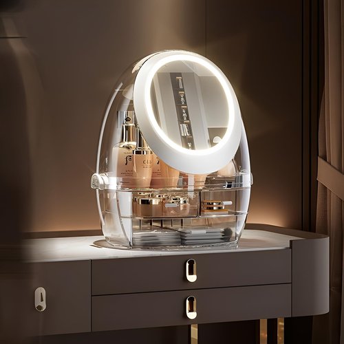 Sooyee Clear Makeup Organizer,Bathroom Counter Organizer, Modern Jewelry and Cosmetic Display Cases with Led Lighted Mirror,Make Up Organizer Stands for Bathroom, Dresser, Vanity Countertop