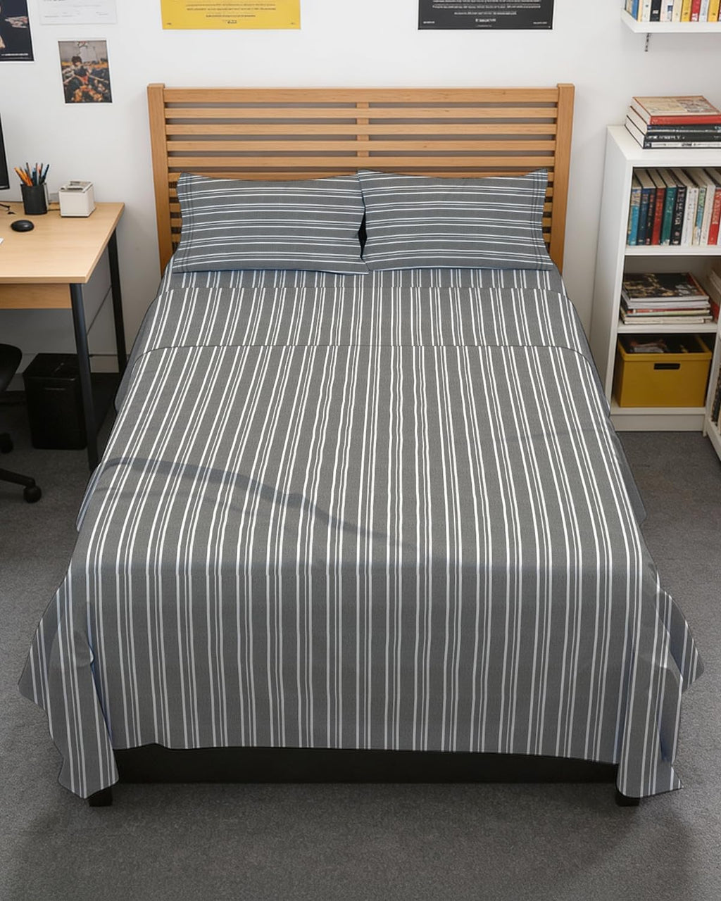 Skiennix Full XL Bed Sheet Set - Soft, Breathable & Cooling 4-Piece Luxury Bedding - Grey Stripes