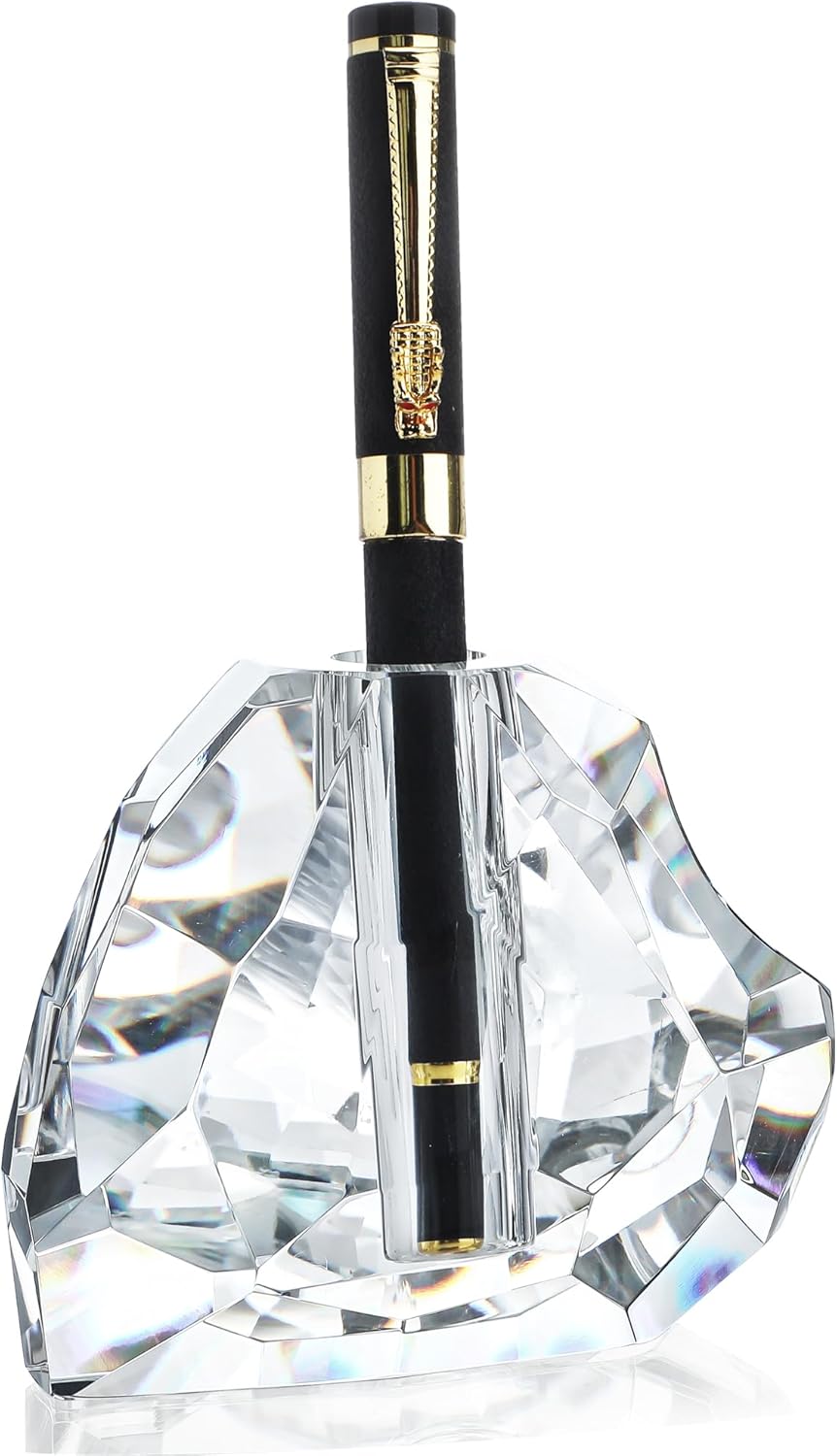 QFkris Crystal Heart Shaped Pen Holder - Elegant Glass Feather Desk Organizer | 3.5" Fountain Pen Stand