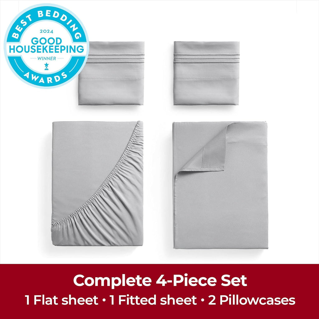 Mellanni Extra Deep California King Sheets - Ultra Soft, Cooling Bedding - 4 PC Hotel Luxury Set | Light Gray, Wrinkle & Stain Resistant