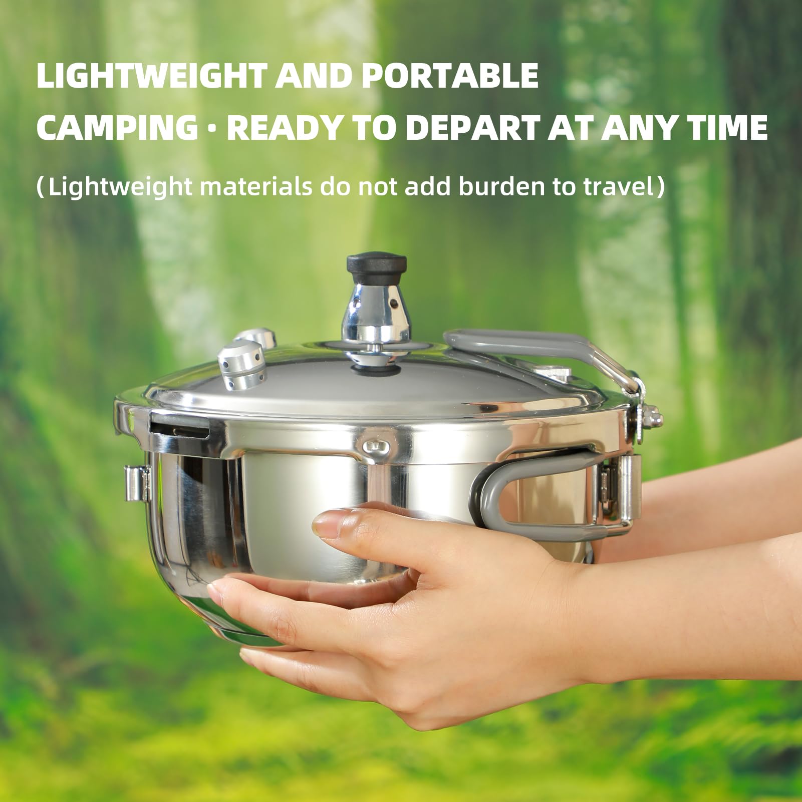 Portable Camping Pressure Cooker, 1.8 Qt Capacity, 304 Stainless Steel, Foldable Handle, Silver (1.8QT)