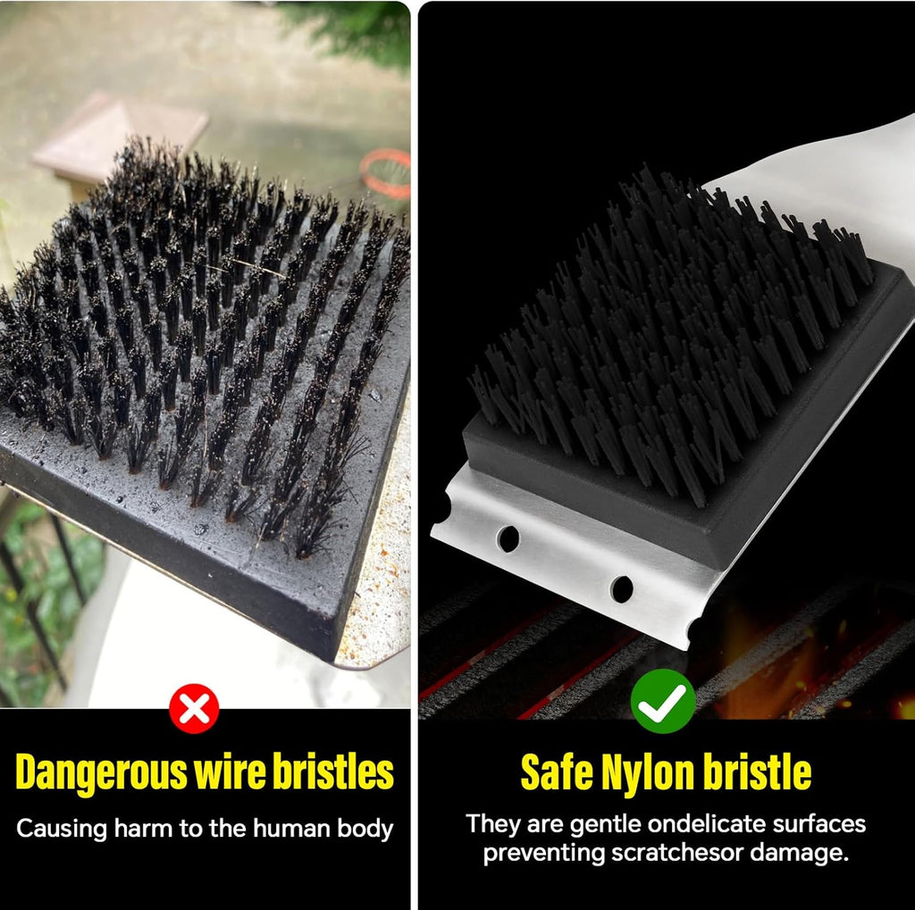 XUDAKAIXIN Nylon Grill Brush - Dual Grip Design with Luxurious Acacia Wood Handle | Safe for Barbecue Grates (Black)