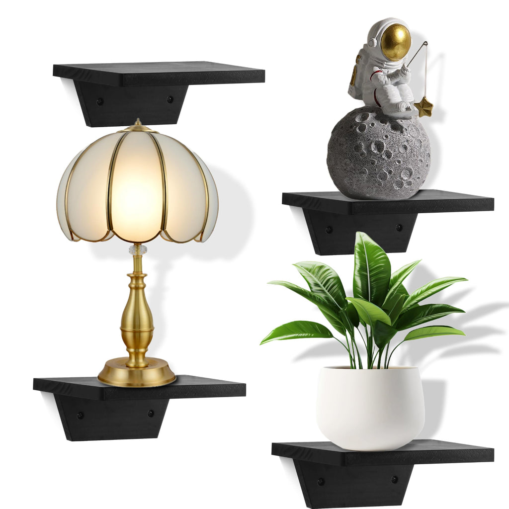 PHOENANCEE Small Floating Shelves,Speaker Shelf,Trapezoid Wall Shelf for Table Lamp Plants Display,Decorative Wood Ledges Chic for Living Room,Bedroom,Kitchen,Office,Pine,8x6 Inch,2 Pack(Black)