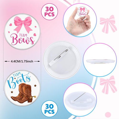 Landical 60 Pcs Boots or Bows Gender Reveal Pins, Funny Baby Shower Team Boots or Bows Gender Reveal Decorations for Party Supplies Blue and Pink Team Button Pins Games Decorations