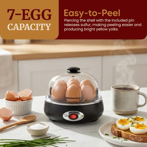 Elite Gourmet Rapid Egg Cooker - 7 Egg Capacity, Auto Shut-Off, Includes Recipe Booklet | Charcoal Grey